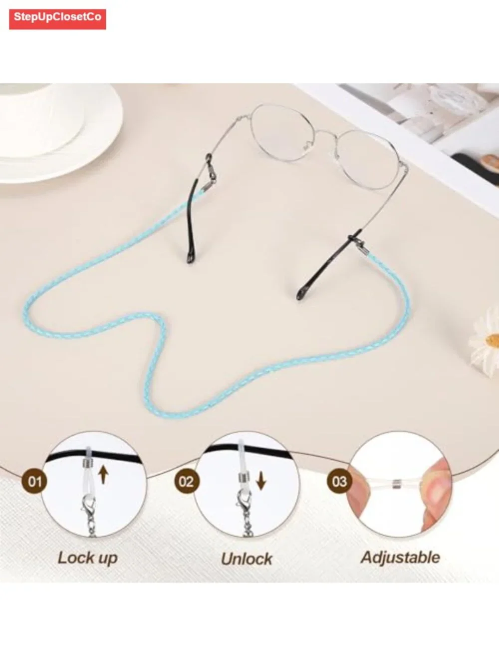 Braided PU Leather Eyeglass Chain Strap with Silicone Loops for Sunglasses